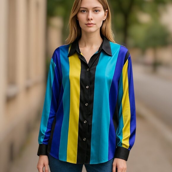 3 for/$30 Linda Allard Ellen Tracy Vintage Striped 100% Silk Blouse Size 12P - Picture 4 of 11